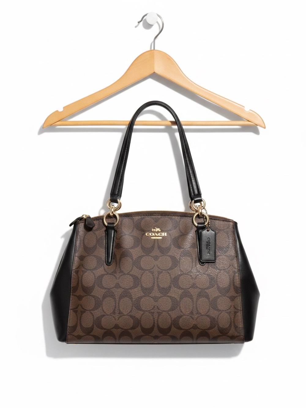 Coach Brown Signature Canvas and Black Leather Shoulder Bag
